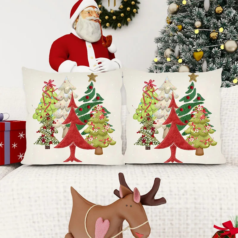 Embroidery style christmas tree pillow cover