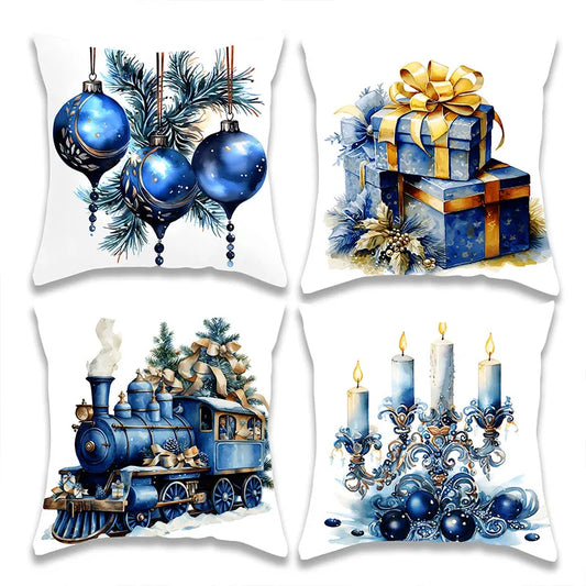 Blue Gift Christmas Ball Train Pillow Cover