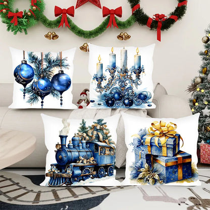 Blue Gift Christmas Ball Train Pillow Cover