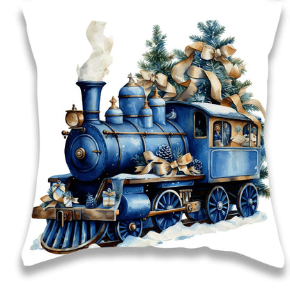 Blue Gift Christmas Ball Train Pillow Cover