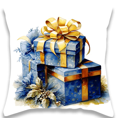 Blue Gift Christmas Ball Train Pillow Cover