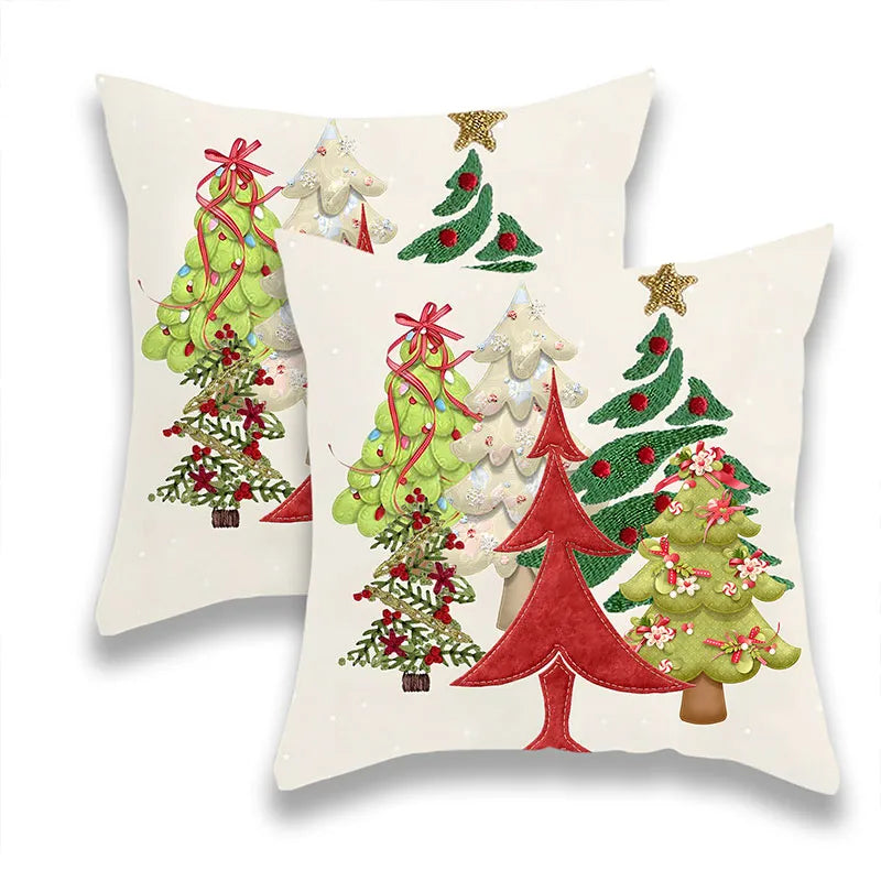 Embroidery Style Christmas Tree Pillow Cover