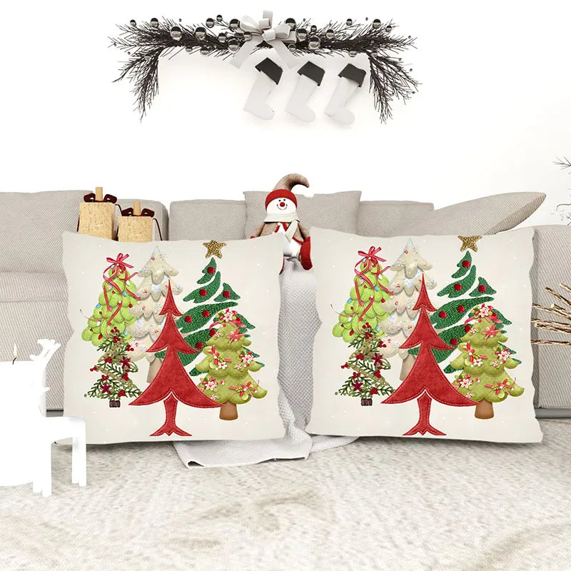 Embroidery Style Christmas Tree Pillow Cover