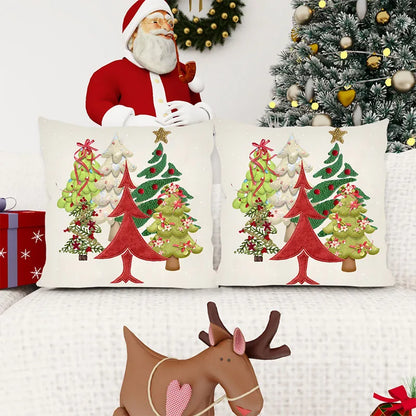 Embroidery Style Christmas Tree Pillow Cover