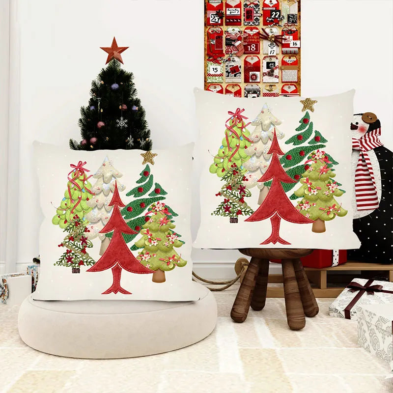 Embroidery Style Christmas Tree Pillow Cover