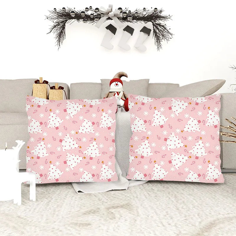 Christmas Pink Cartoon Christmas Tree Pillow Cover