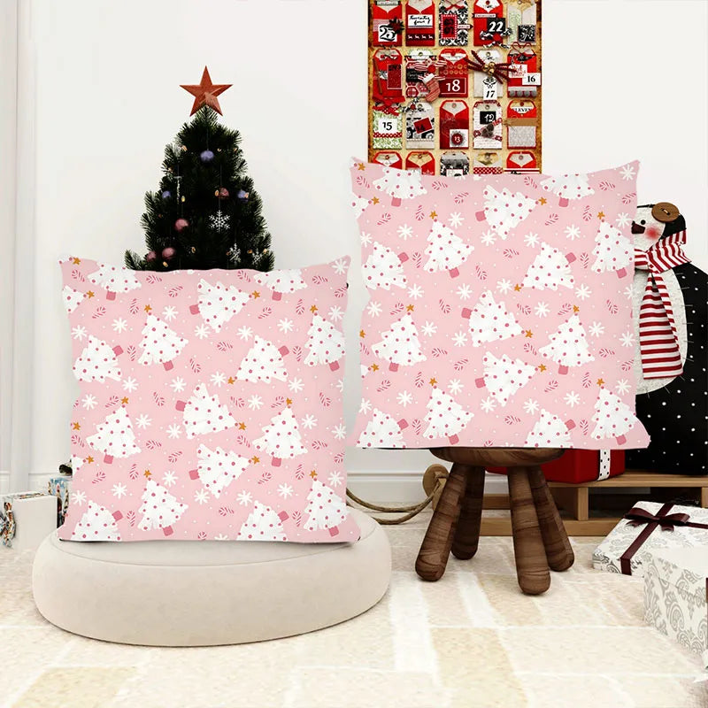 Christmas Pink Cartoon Christmas Tree Pillow Cover