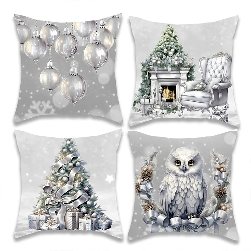 Christmas Silver Christmas Tree and Owl Pillow Cover