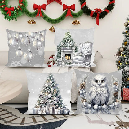 Christmas Silver Christmas Tree and Owl Pillow Cover