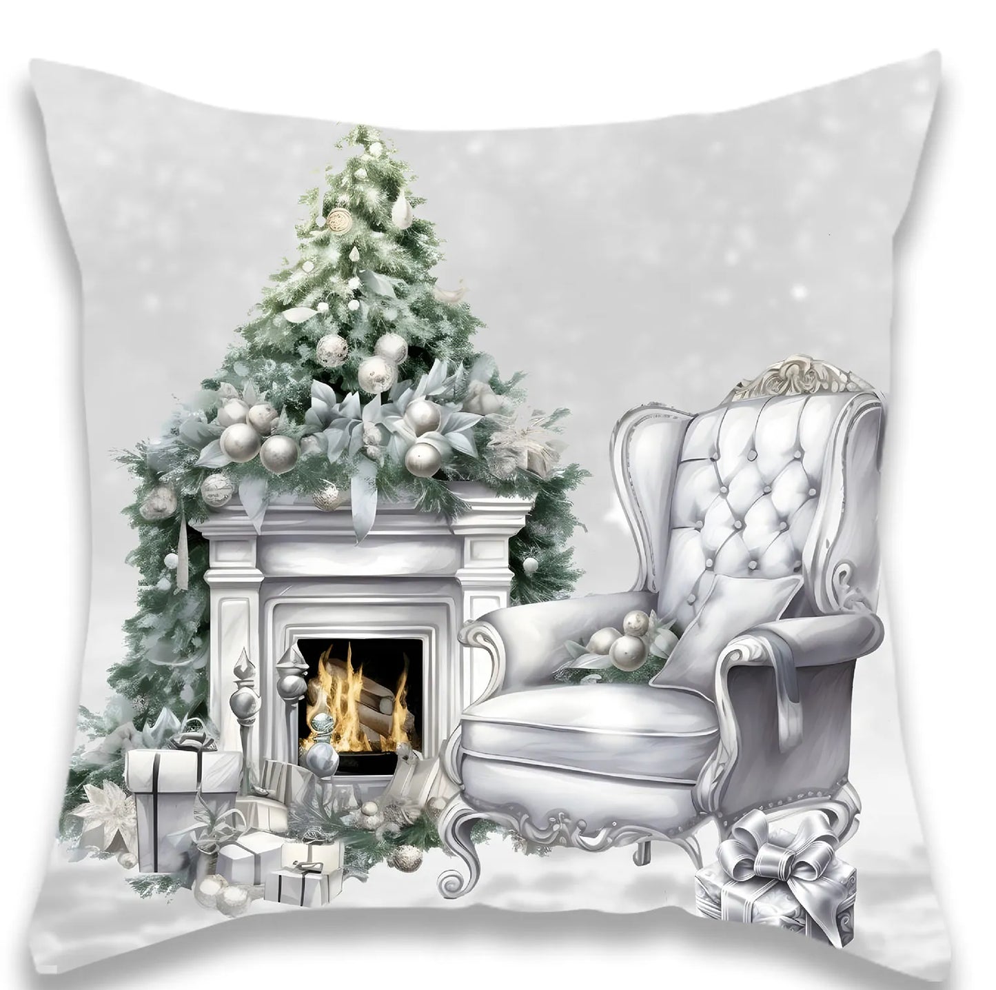 Christmas Silver Christmas Tree and Owl Pillow Cover