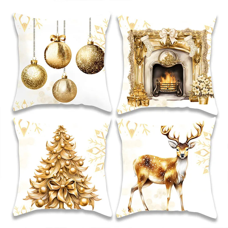 Christmas Golden Fireplace Elk Pillow Cover