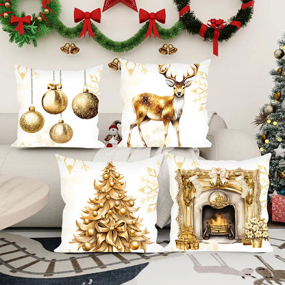 Christmas Golden Fireplace Elk Pillow Cover