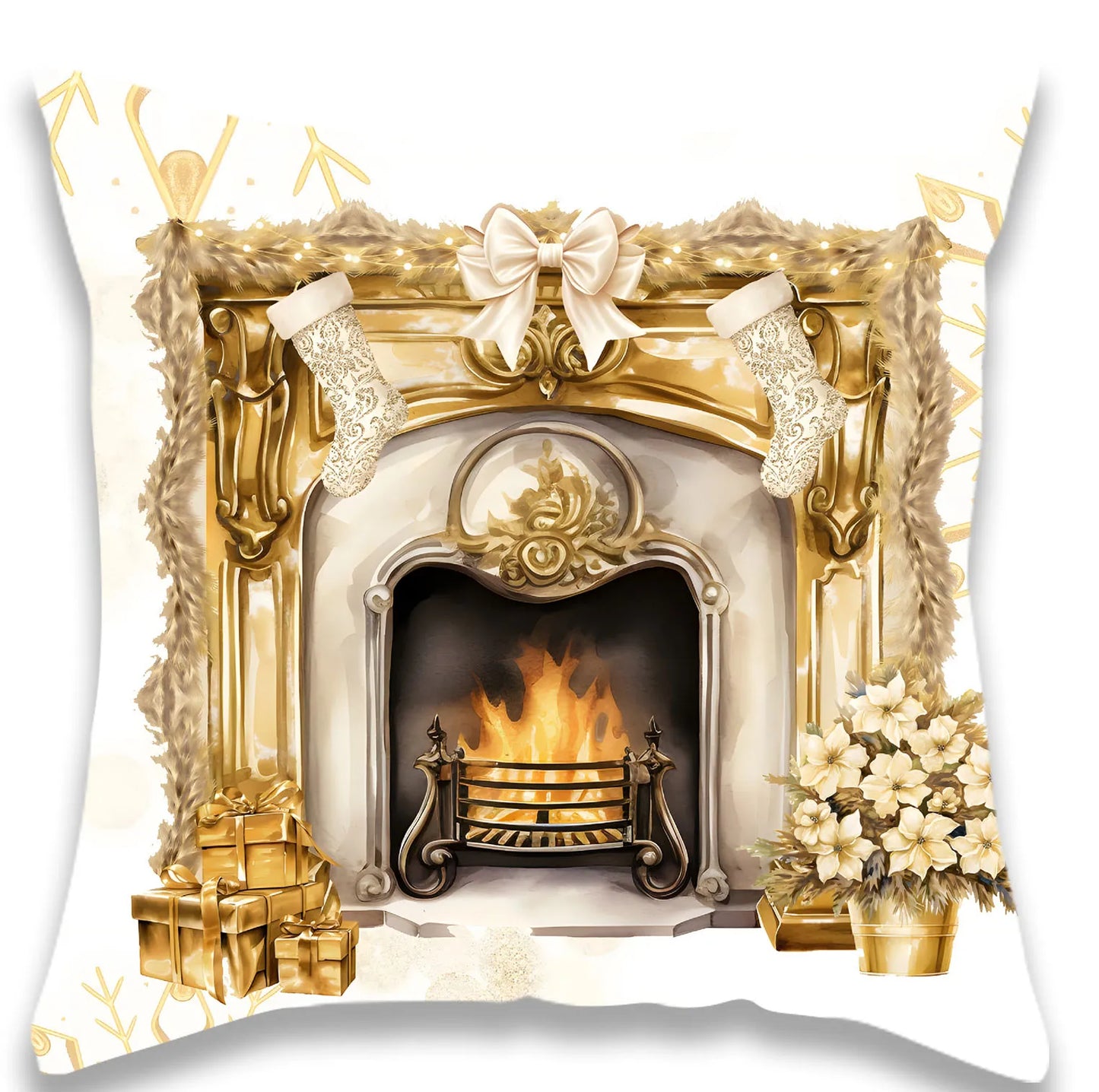 Christmas Golden Fireplace Elk Pillow Cover