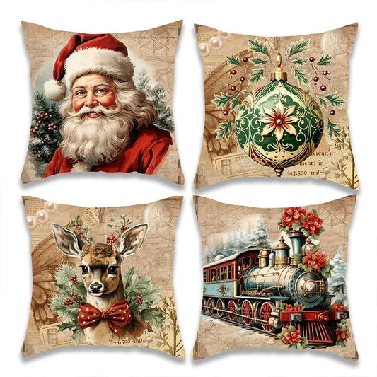 Christmas Santa Deer Train Pillow Cover