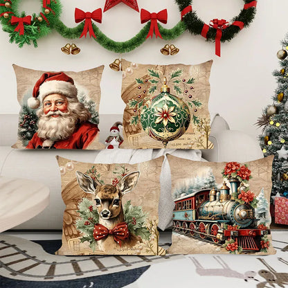 Christmas Santa Deer Train Pillow Cover