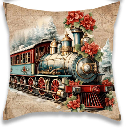 Christmas Santa Deer Train Pillow Cover