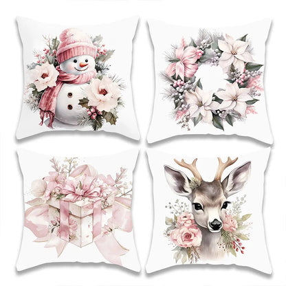 Christmas Pink Snowman and Deer Pillow Cover