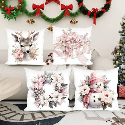 Christmas Pink Snowman and Deer Pillow Cover