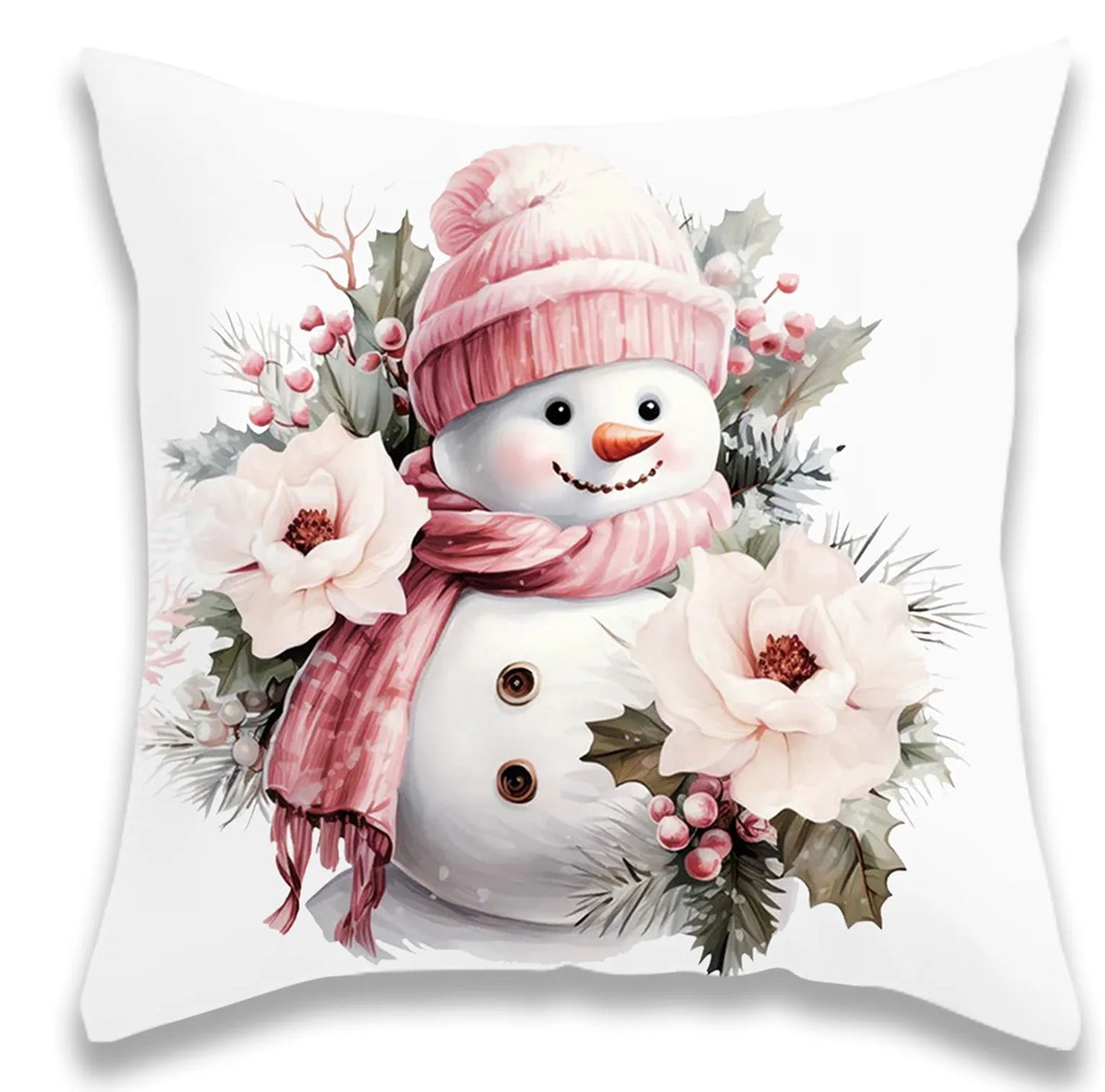 Christmas Pink Snowman and Deer Pillow Cover