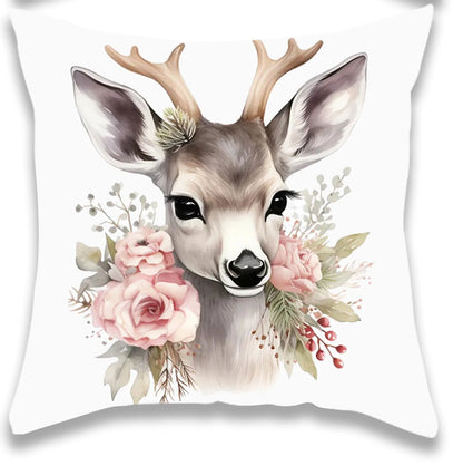 Christmas Pink Snowman and Deer Pillow Cover