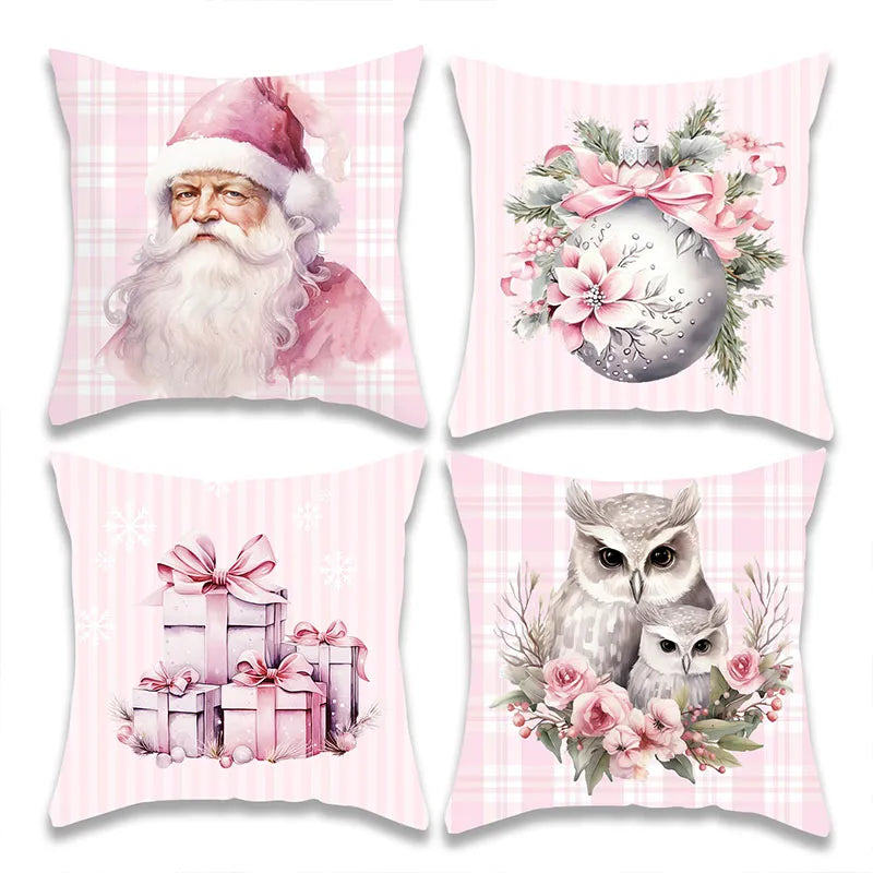 Christmas Pink Santa Claus and Gift Pillow Cover