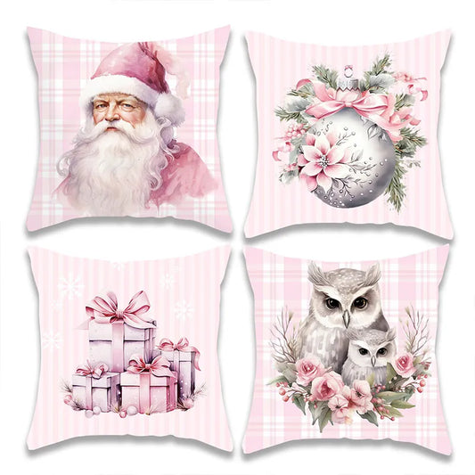 Christmas Pink Santa Claus and Gift Pillow Cover