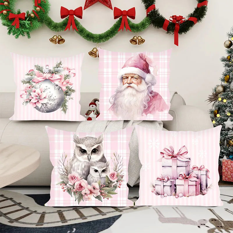 Christmas Pink Santa Claus and Gift Pillow Cover