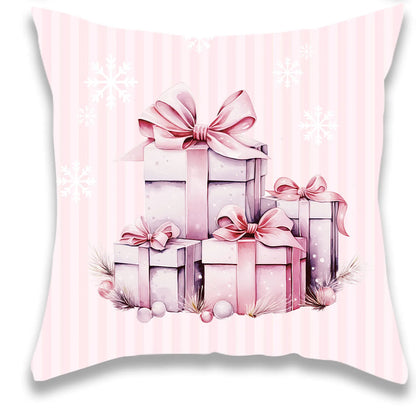 Christmas Pink Santa Claus and Gift Pillow Cover