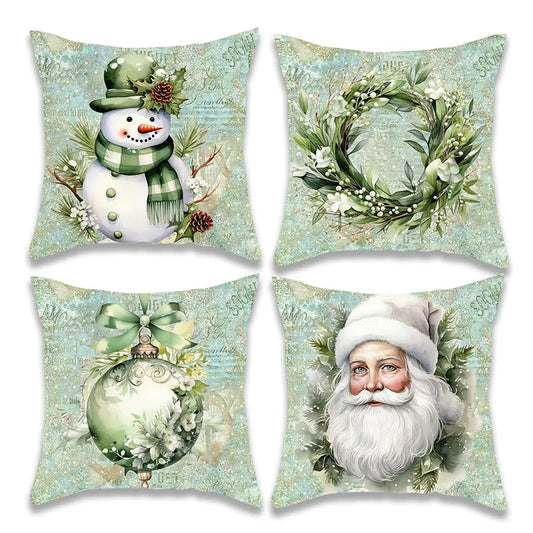 Christmas Green Snowman Santa Claus Pillow Cover