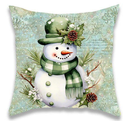 Christmas Green Snowman Santa Claus Pillow Cover