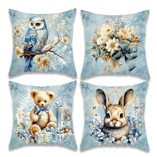 Christmas Blue and Animal Pillow Cover