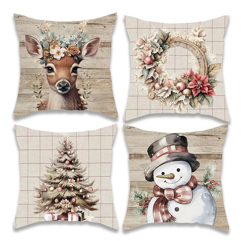 Christmas Snowman and Deer Pillow Cover