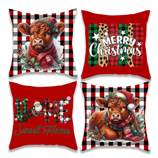 Christmas Festive Cow Pillow Cover