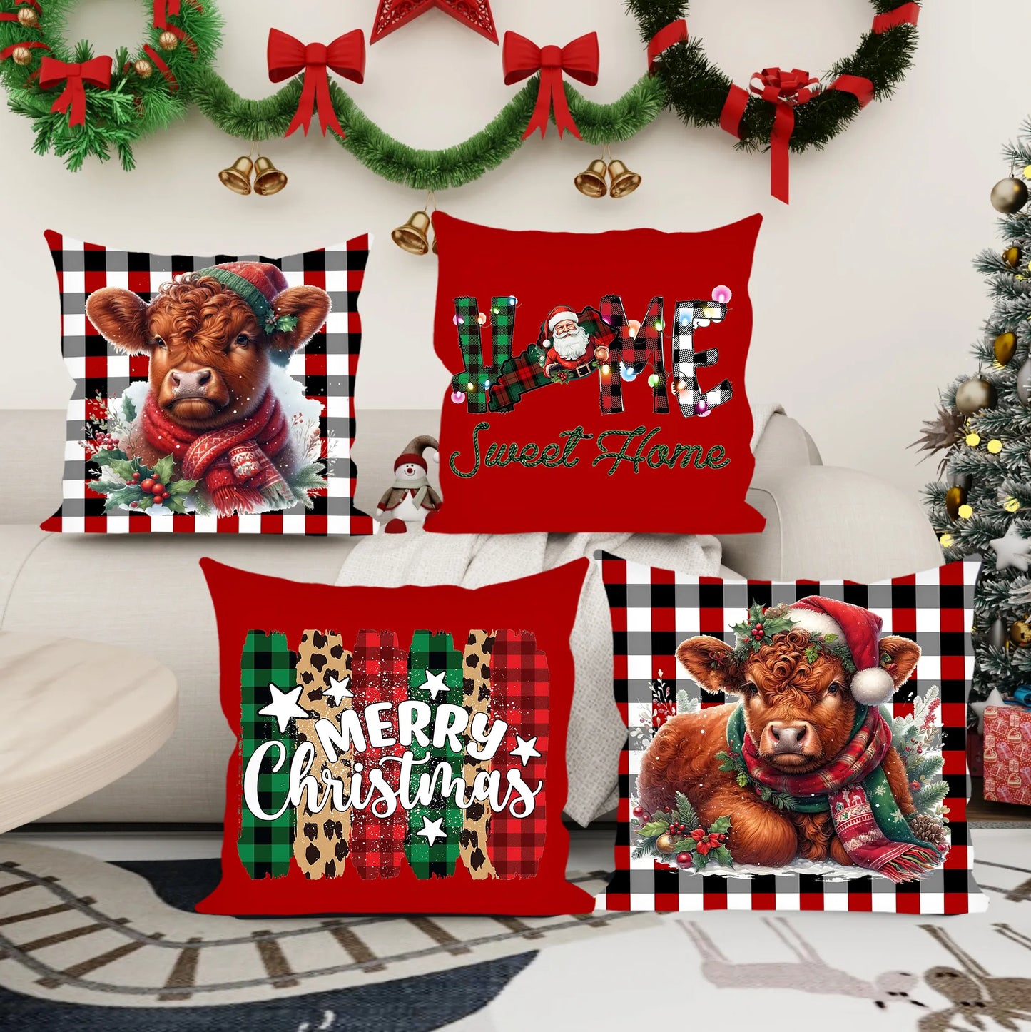 Christmas Festive Cow Pillow Cover