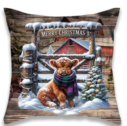 Christmas Snow and Cow Pillow Cover