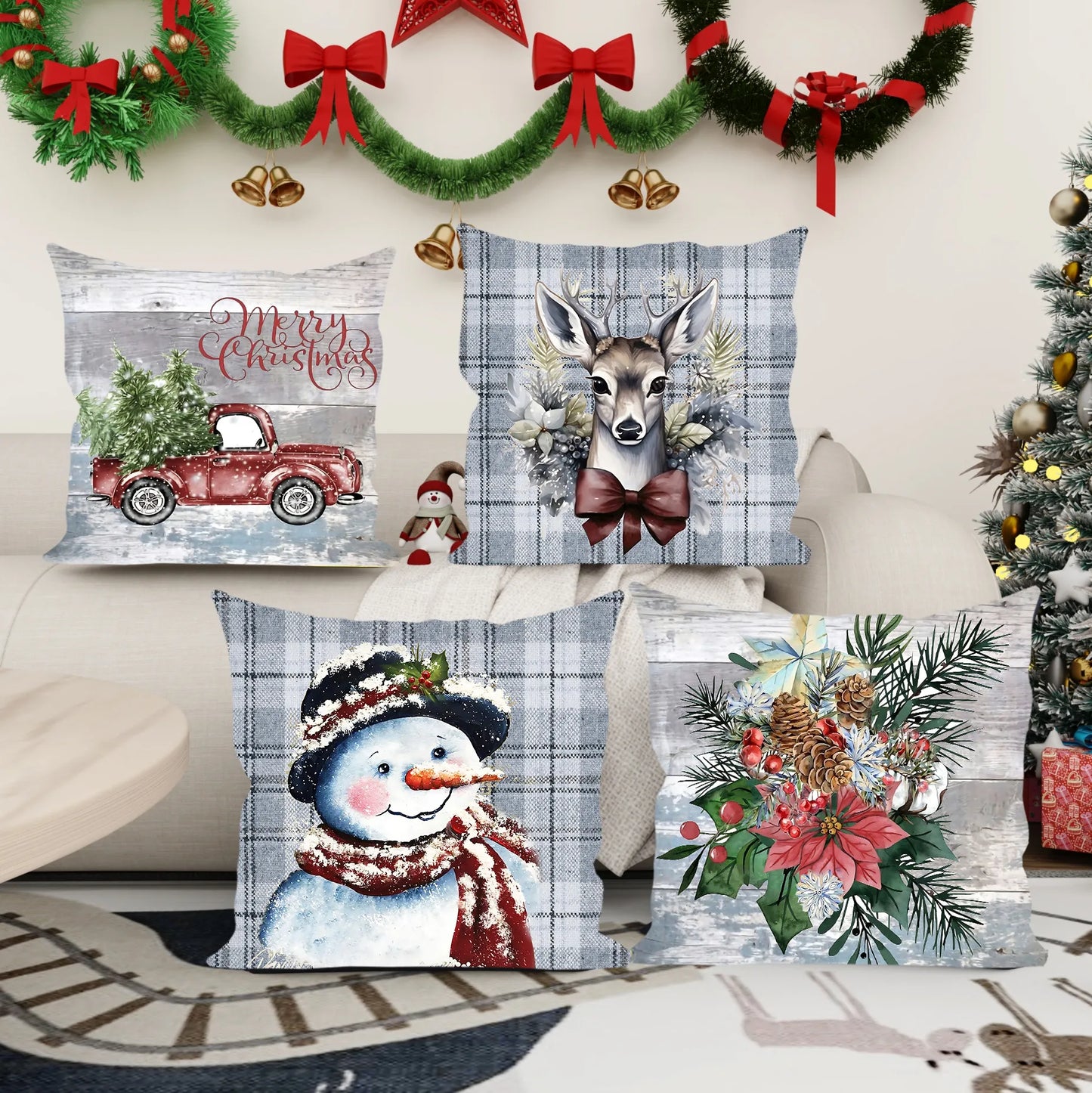 Christmas Snowman and Pickup Truck Pillow Cover