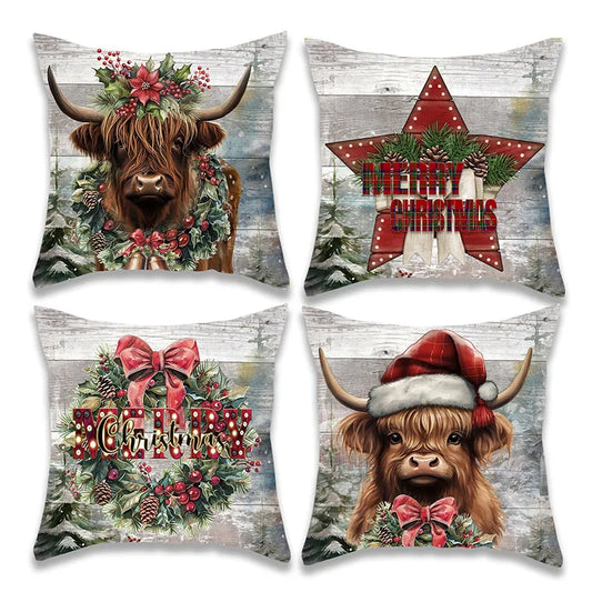 Christmas Retro Cow Pillow Cover