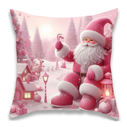 Christmas Pink Santa and Gift Pillow Cover