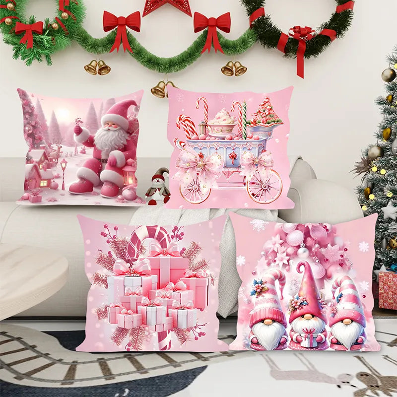 Christmas Pink Santa and Gift Pillow Cover