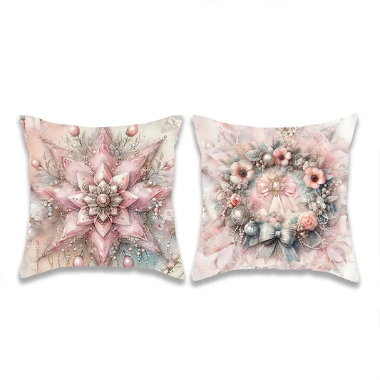 Pink Christmas Flower Wreath Pillowcase