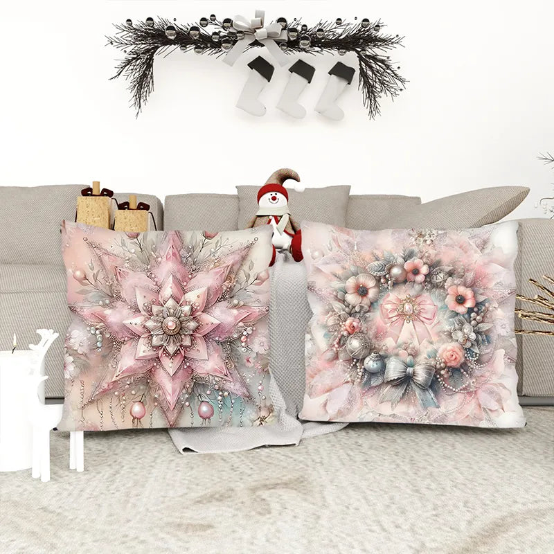 Pink Christmas Flower Wreath Pillowcase