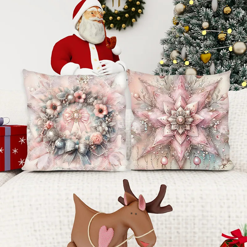 Pink Christmas Flower Wreath Pillowcase