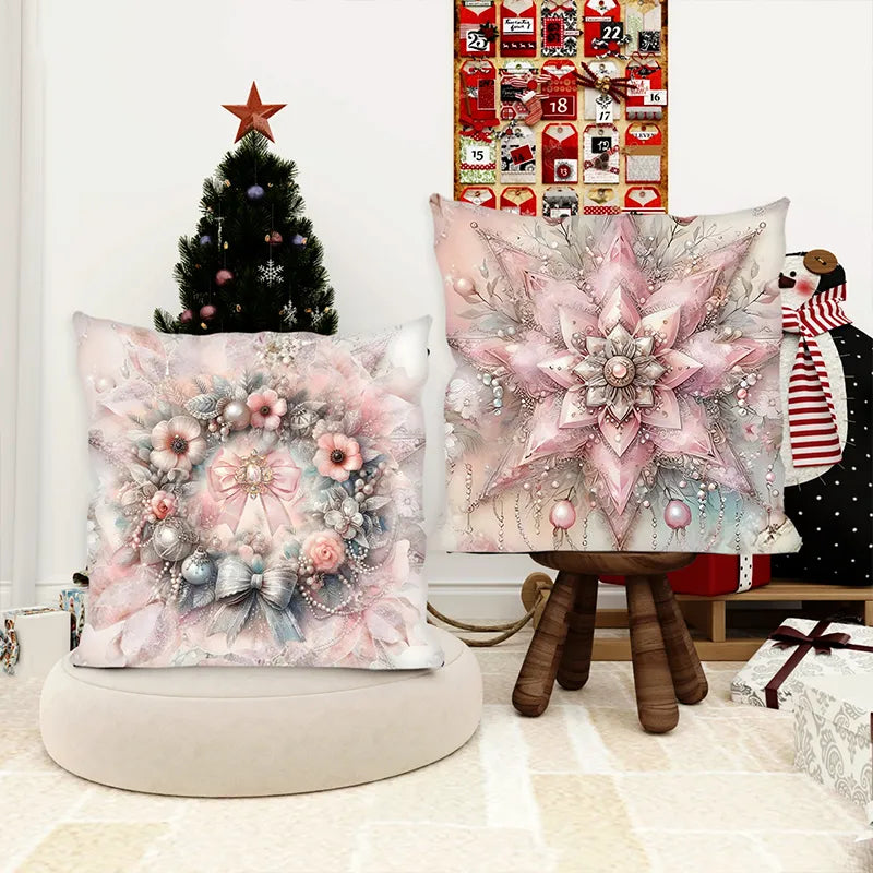 Pink Christmas Flower Wreath Pillowcase