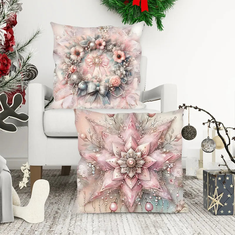 Pink Christmas Flower Wreath Pillowcase