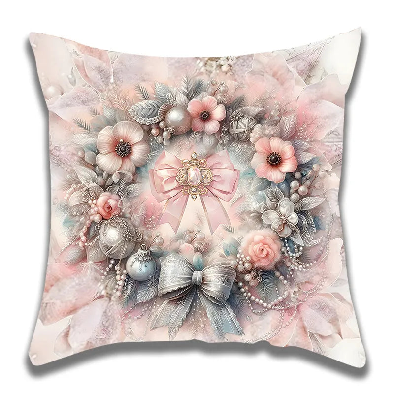 Pink Christmas Flower Wreath Pillowcase