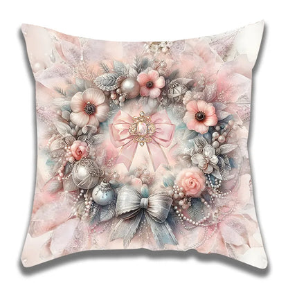 Pink Christmas Flower Wreath Pillowcase