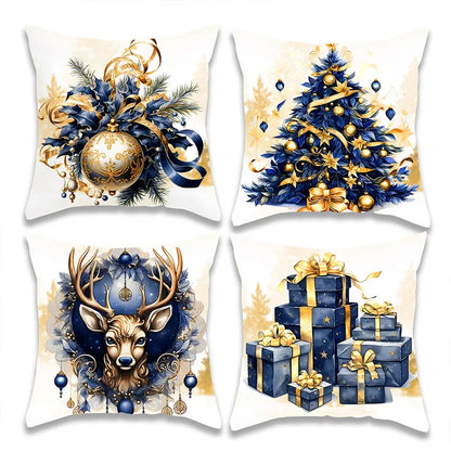 Christmas Blue Elk Christmas Tree Pillow Cover