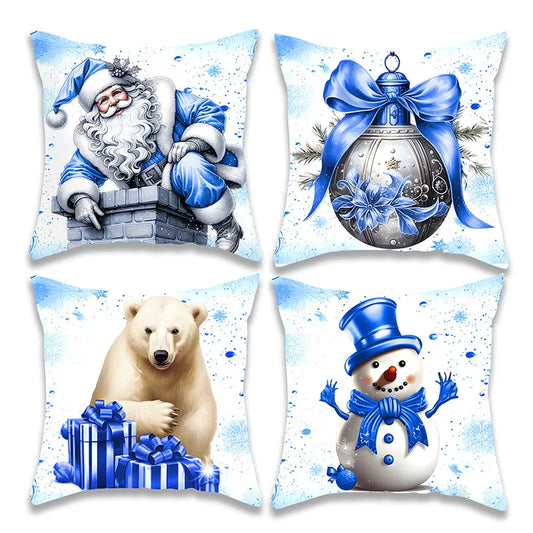 Christmas Blue Gold Silver Santa Pillow Case