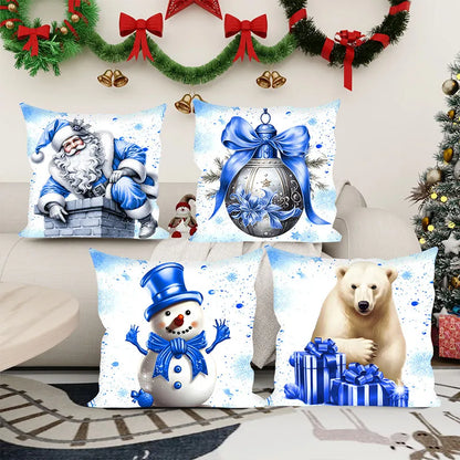 Christmas Blue Gold Silver Santa Pillow Case