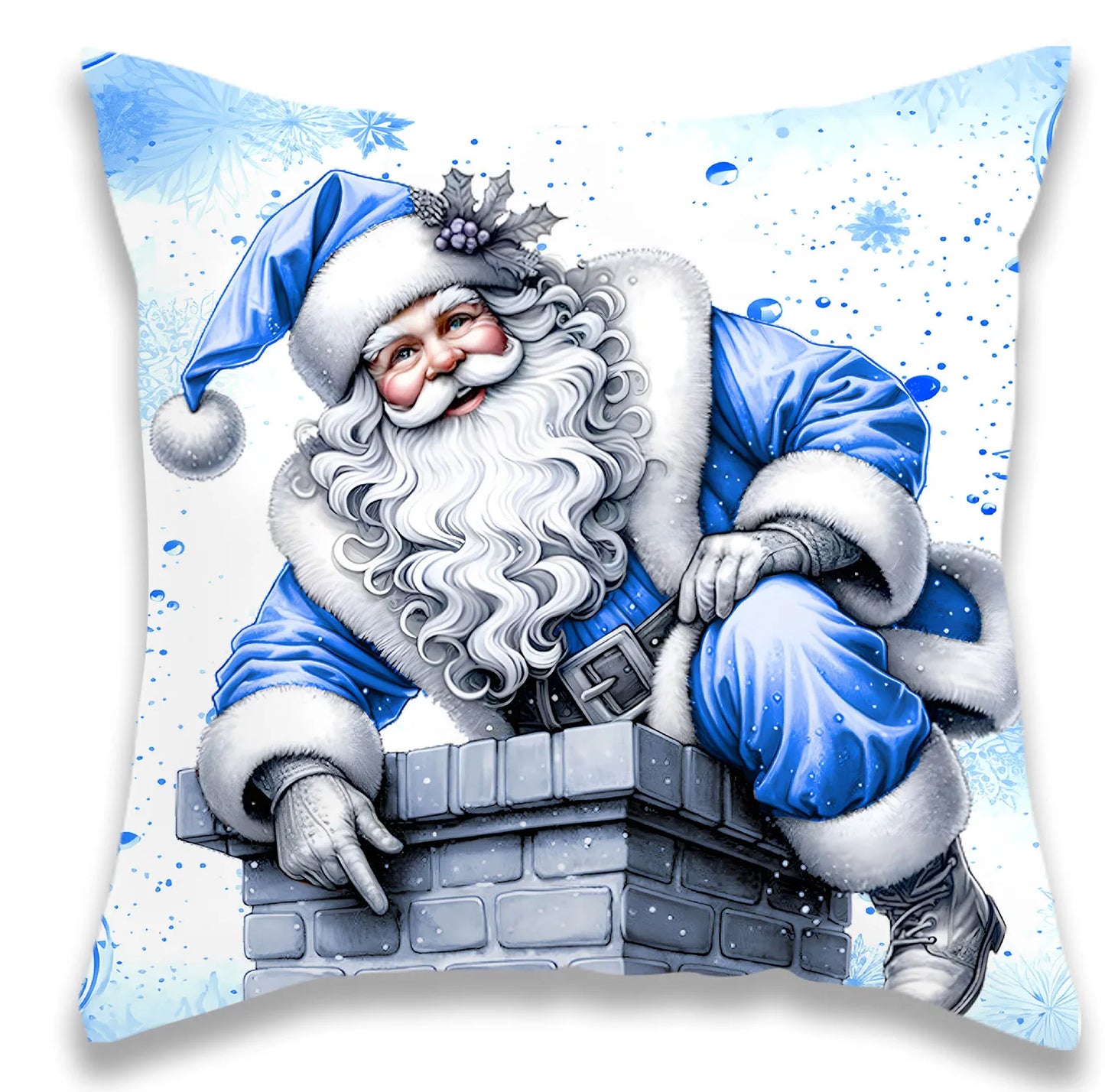 Christmas Blue Gold Silver Santa Pillow Case